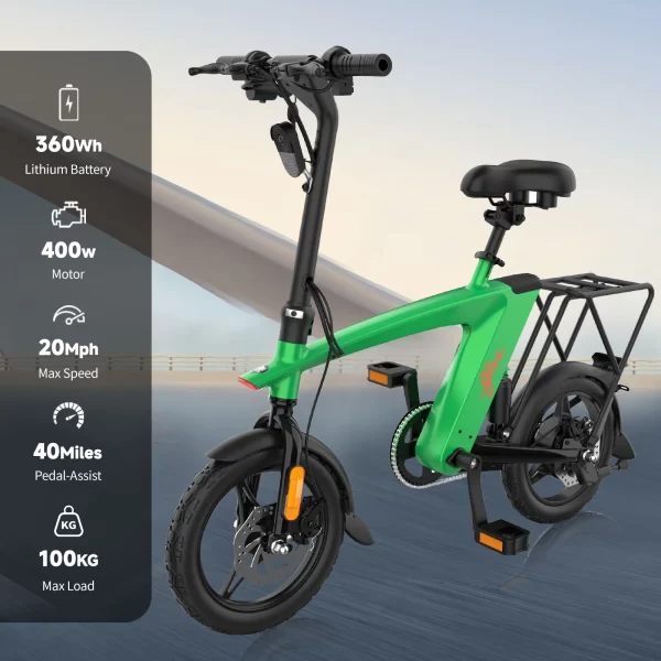 KIXIN SUNNIGOO Electric Fat Tire Bike 20MPH For Adults 40Miles Pedal-Assist 360Wh IPX6 Removable Battery 14" Folding Ebike - Image 8