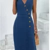 Women Denim Sexy Dress Summer Sleeveless Casual Thin V-neck Button Lady Slim Elegant New Hotsweet Fashion Pencil Clothing