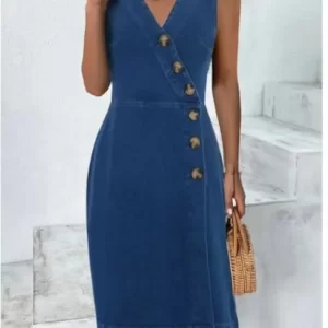 Women Denim Sexy Dress Summer Sleeveless Casual Thin V-neck Button Lady Slim Elegant New Hotsweet Fashion Pencil Clothing
