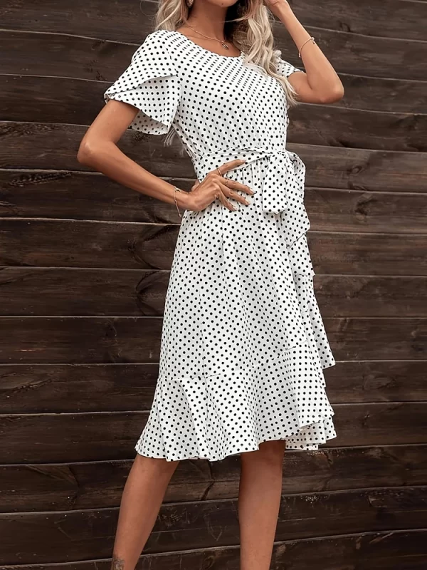 Mugen Plus Size Dress Polka Print Casual 2024 Women's Clothing For Dress Elegant Petal Short Sleeves Tie Waist Crew Neck Dresses - Image 3