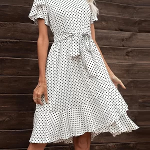 Mugen Plus Size Dress Polka Print Casual 2024 Women's Clothing For Dress Elegant Petal Short Sleeves Tie Waist Crew Neck Dresses