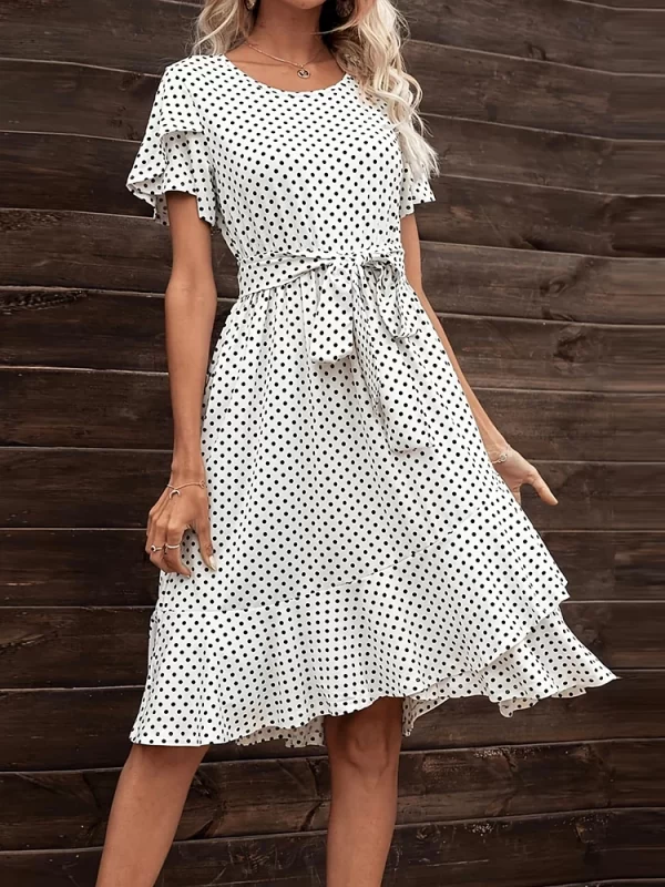 Mugen Plus Size Dress Polka Print Casual 2024 Women's Clothing For Dress Elegant Petal Short Sleeves Tie Waist Crew Neck Dresses