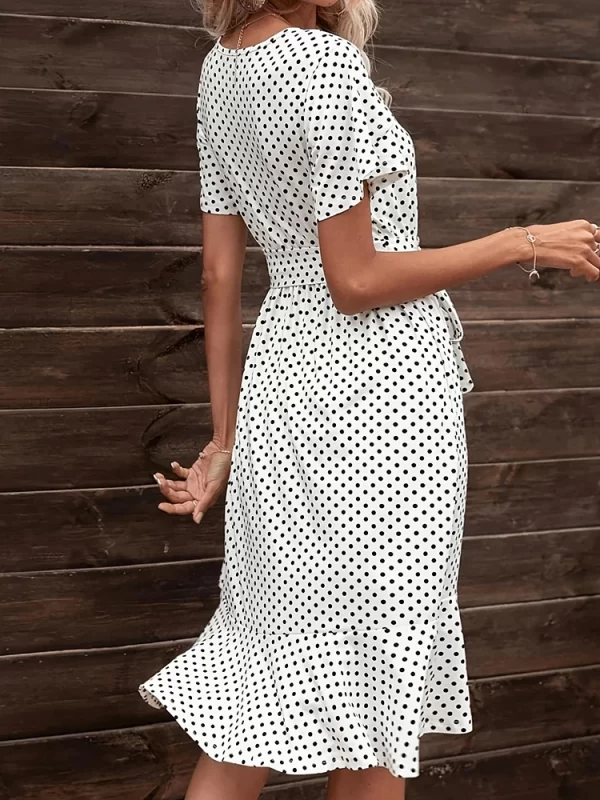 Mugen Plus Size Dress Polka Print Casual 2024 Women's Clothing For Dress Elegant Petal Short Sleeves Tie Waist Crew Neck Dresses - Image 2