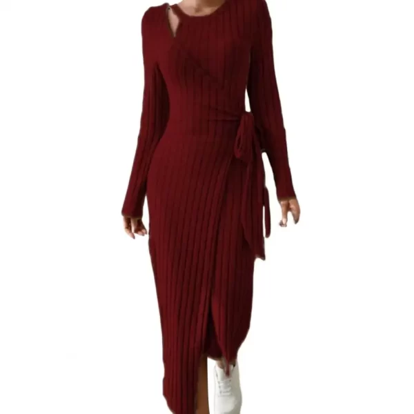 2023 Autumn/Winter New Women's Fashion Temperament Solid Color Round Neck Long Sleeve Slim Waist Tie up Knitted Dress - Image 3