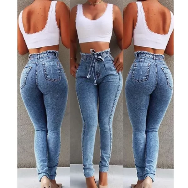 Women Spring/fall New Sweet Casual Denim Sweatwear Autumn Ladies Fashion Soft Solid High Waist Jeans Full Length Pencil Pants - Image 3