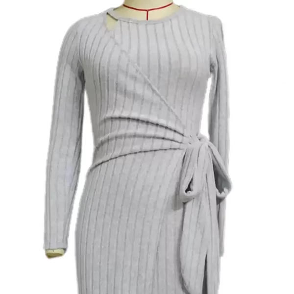 2023 Autumn/Winter New Women's Fashion Temperament Solid Color Round Neck Long Sleeve Slim Waist Tie up Knitted Dress - Image 4