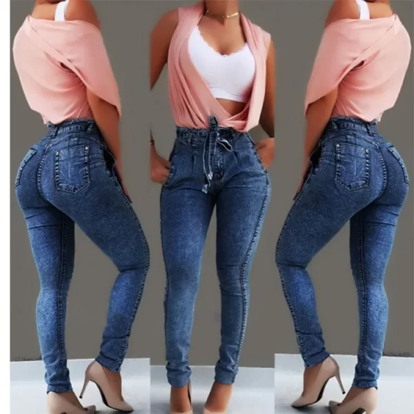 Women Spring/fall New Sweet Casual Denim Sweatwear Autumn Ladies Fashion Soft Solid High Waist Jeans Full Length Pencil Pants - Image 2