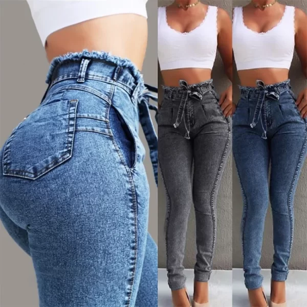 Women Spring/fall New Sweet Casual Denim Sweatwear Autumn Ladies Fashion Soft Solid High Waist Jeans Full Length Pencil Pants - Image 4