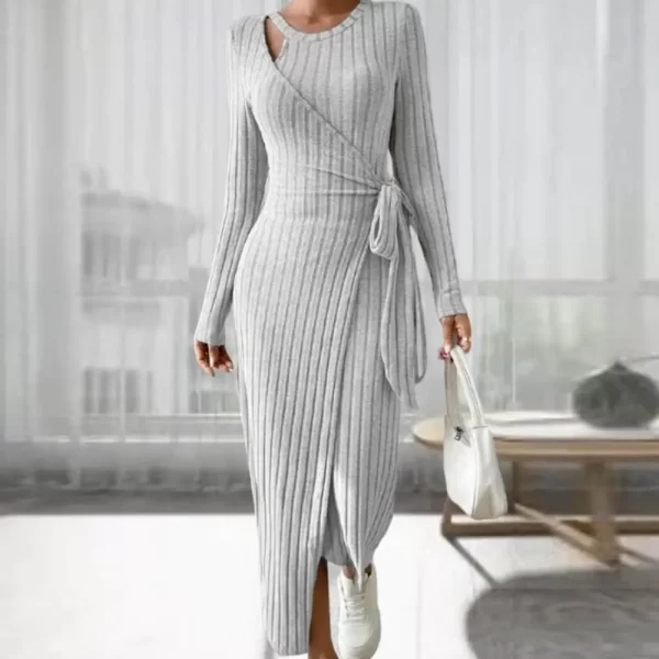 2023 Autumn/Winter New Women's Fashion Temperament Solid Color Round Neck Long Sleeve Slim Waist Tie up Knitted Dress - Image 5