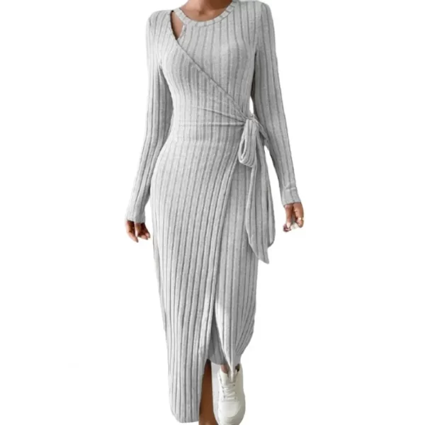 2023 Autumn/Winter New Women's Fashion Temperament Solid Color Round Neck Long Sleeve Slim Waist Tie up Knitted Dress - Image 2