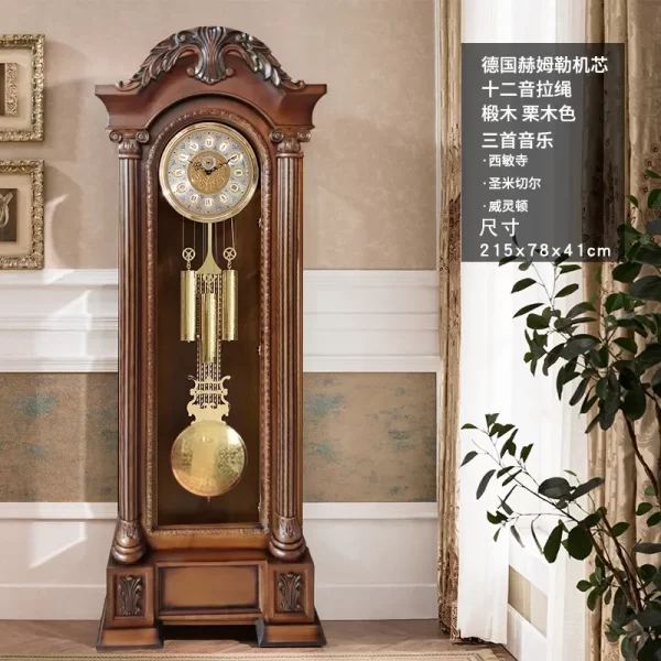 German Hermle Movement European the Grandfather Clock Mechanical Living Room Clock Solid Wood Carved Classical Copper Bell - Image 11