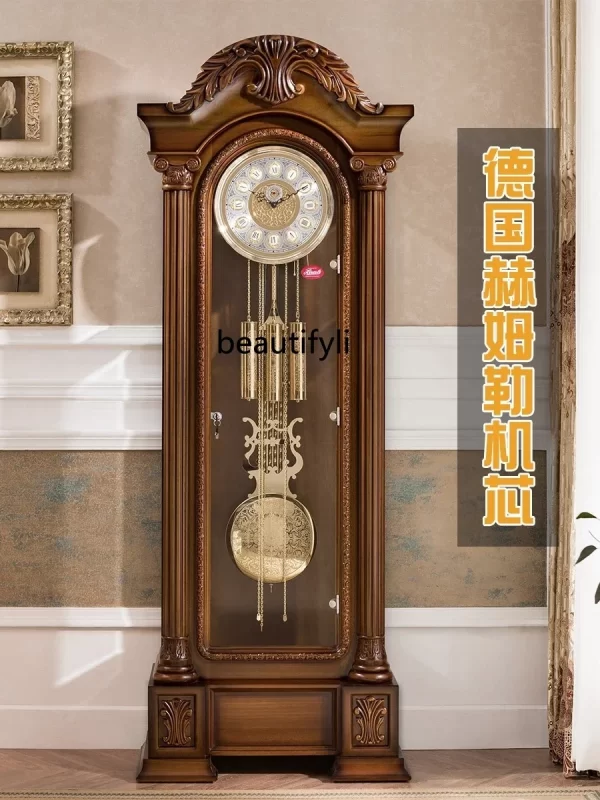 German Hermle Movement European the Grandfather Clock Mechanical Living Room Clock Solid Wood Carved Classical Copper Bell - Image 2