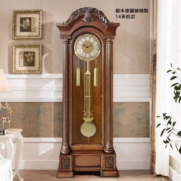 German Hermle Movement European the Grandfather Clock Mechanical Living Room Clock Solid Wood Carved Classical Copper Bell - Image 12