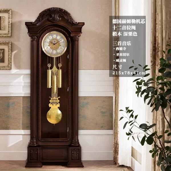 German Hermle Movement European the Grandfather Clock Mechanical Living Room Clock Solid Wood Carved Classical Copper Bell - Image 7
