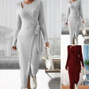 2023 Autumn/Winter New Women's Fashion Temperament Solid Color Round Neck Long Sleeve Slim Waist Tie up Knitted Dress