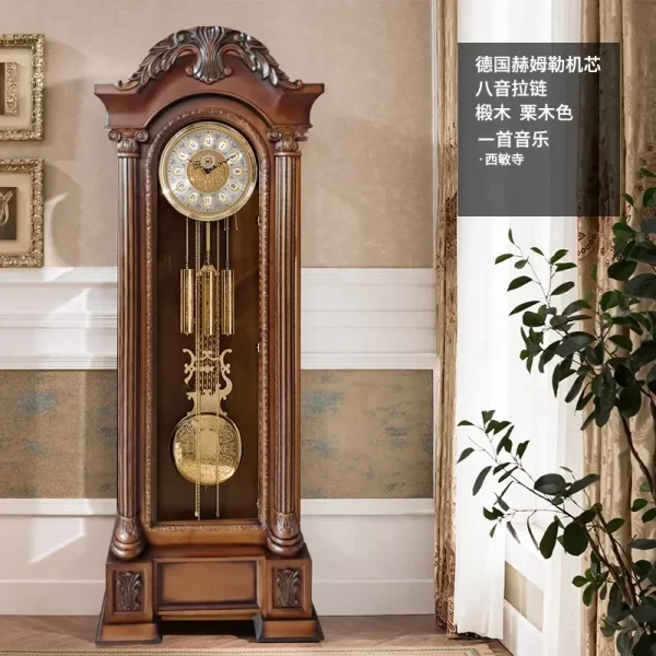 German Hermle Movement European the Grandfather Clock Mechanical Living Room Clock Solid Wood Carved Classical Copper Bell - Image 15