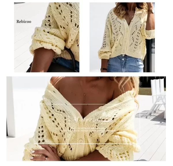 AUTUMN Blue Hollow Out Women's Cardigans Autumn Winter Round Neck Button Up Knitted Sweaters Ladies Fashion Knitwear - Image 5