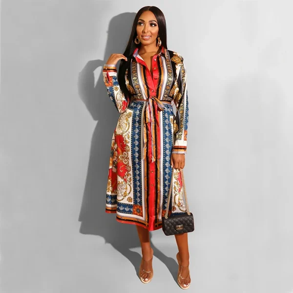 2020 Spring Summer Mid Calf Dress Long Sleeve Print Casual Beach Sashes Bandage Night Club Party Loose Midi Shirt Dresses GL887 - Image 12
