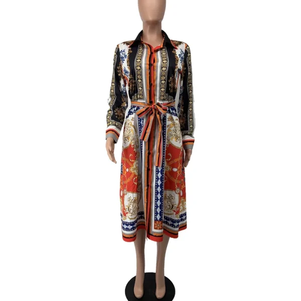 2020 Spring Summer Mid Calf Dress Long Sleeve Print Casual Beach Sashes Bandage Night Club Party Loose Midi Shirt Dresses GL887 - Image 16