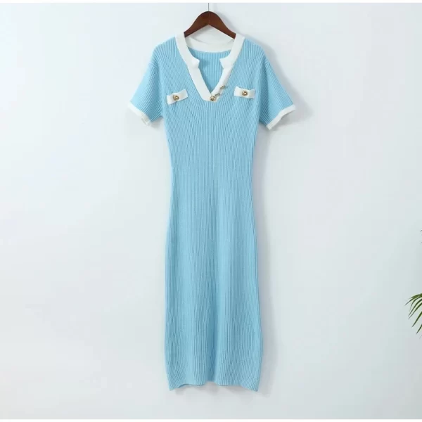 2024 New Fashion Dresses Elegant Sexy Single Slim Breasted Knitted Dresses Women High Street Solid O Neck Short Sleeve Dress - Image 15