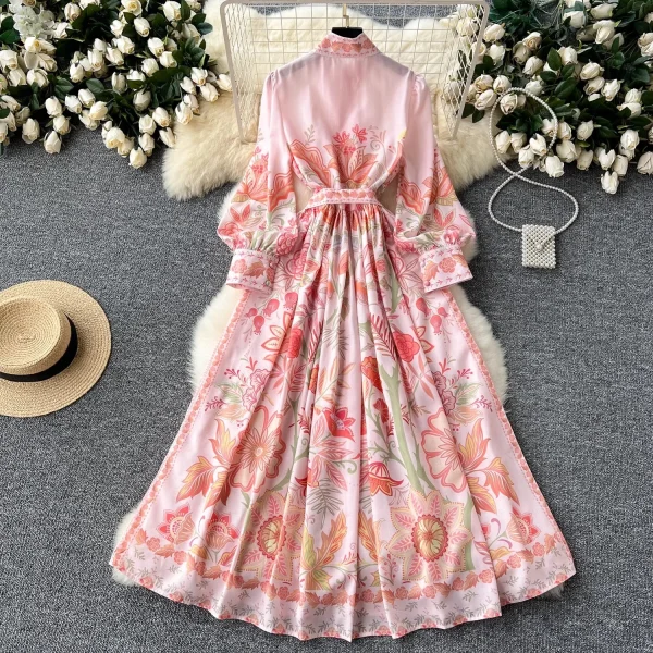 Autumn Holiday Pink Floral Dress Women's Stand Long Lantern Sleeve Belt Lace Up Flower Print Loose A Line Boho Maxi Vestidos - Image 9