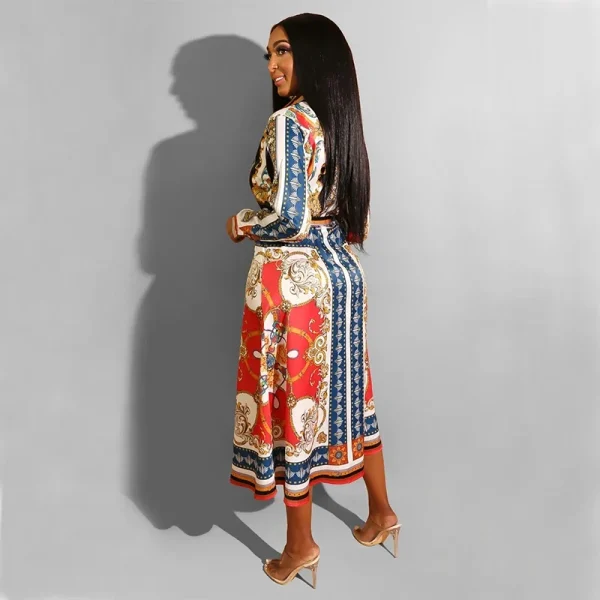 2020 Spring Summer Mid Calf Dress Long Sleeve Print Casual Beach Sashes Bandage Night Club Party Loose Midi Shirt Dresses GL887 - Image 2