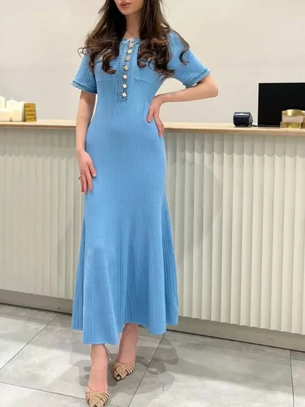 2024 New Fashion Dresses Elegant Sexy Single Slim Breasted Knitted Dresses Women High Street Solid O Neck Short Sleeve Dress - Image 12