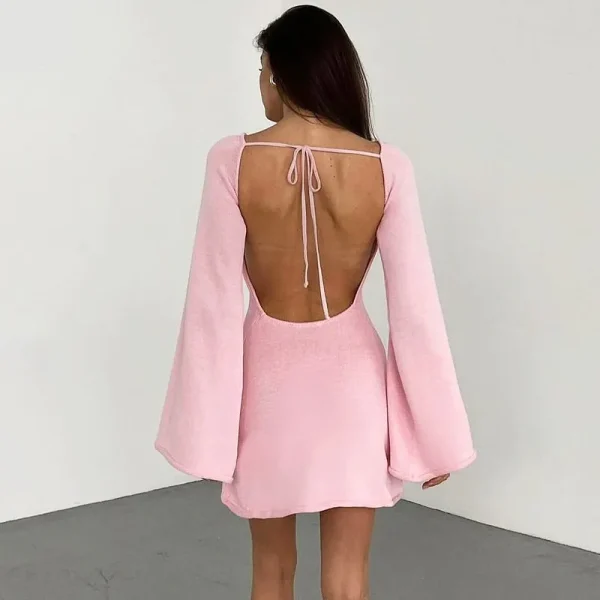 Autumn Knitted Women's High Street Open Back Lace up Long Sleeve Wrapped Mini Party Dress Beach Cocktail Street Dress - Image 2