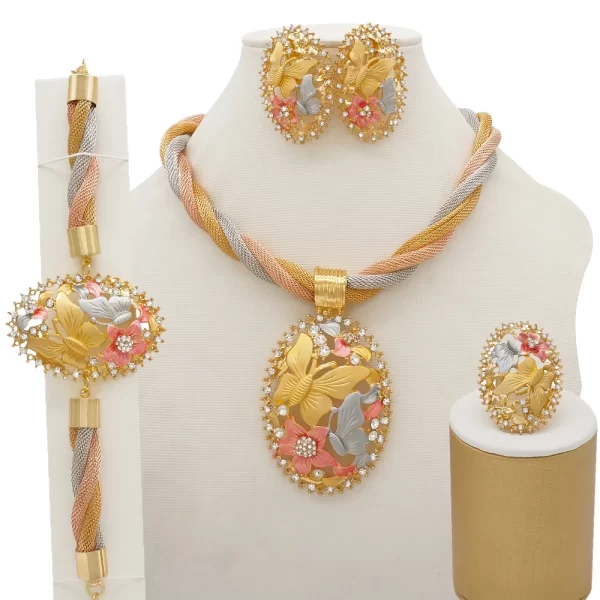 Fashion African Jewelry Charm Necklace Earrings Dubai Gold Jewellery Sets For Women Wedding Bridal Bracelet Ring Jewlery Set - Image 7