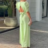 Plus Size Women's Fashion and Wlegant Jumpsuit Short Sleeve Tied Detail Backless Hollow Out Waist High Waist Wide Leg Jumpsuit - Image 2