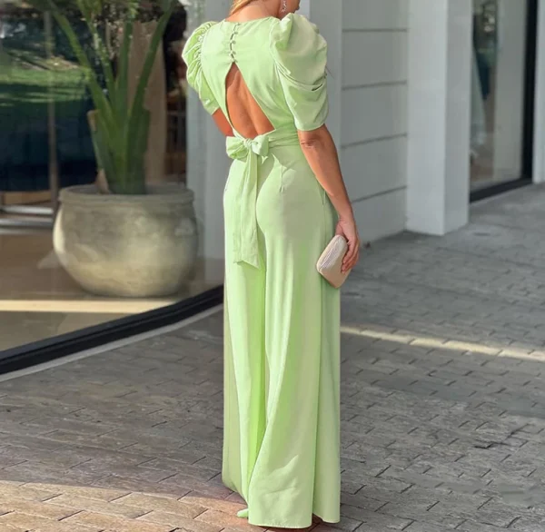 Plus Size Women's Fashion and Wlegant Jumpsuit Short Sleeve Tied Detail Backless Hollow Out Waist High Waist Wide Leg Jumpsuit - Image 2