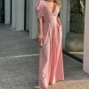 Plus Size Women's Fashion and Wlegant Jumpsuit Short Sleeve Tied Detail Backless Hollow Out Waist High Waist Wide Leg Jumpsuit - Image 3