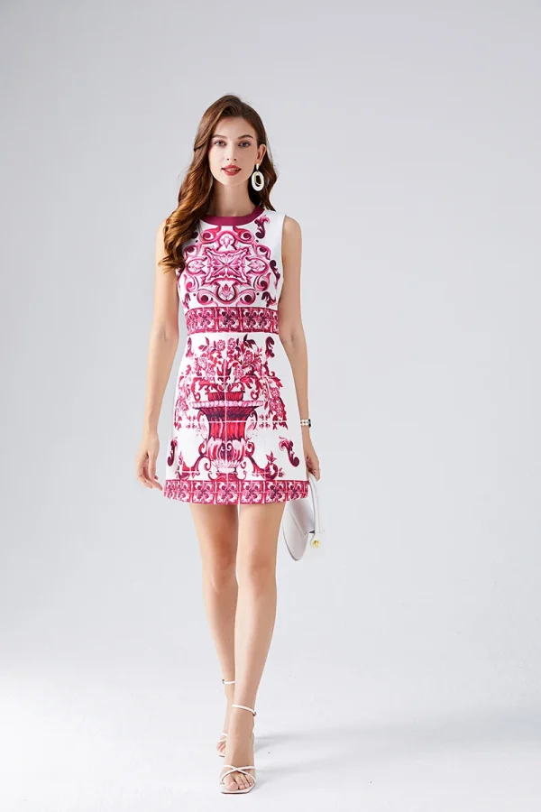 Fashion Runway Summer Short Dress Women's Sleeveless Red Blue And White Porcelain Flower Print Holiday Tank Mini Vestidos - Image 12
