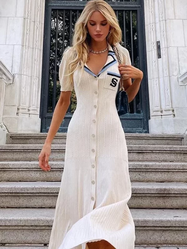 2024 New Fashion Dresses Elegant Sexy Single Slim Breasted Knitted Dresses Women High Street Solid O Neck Short Sleeve Dress - Image 32