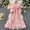 Autumn Holiday Pink Floral Dress Women's Stand Long Lantern Sleeve Belt Lace Up Flower Print Loose A Line Boho Maxi Vestidos - Image 7