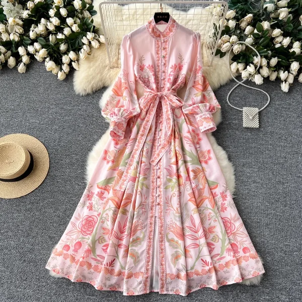 Autumn Holiday Pink Floral Dress Women's Stand Long Lantern Sleeve Belt Lace Up Flower Print Loose A Line Boho Maxi Vestidos - Image 7