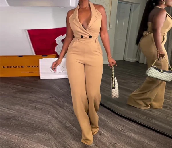 High Waist Jumpsuit Women's Clothing 2024 Summer New Hanging Neck Open Back Pocket Casual Sleeveless Y2k Jump Suits for Female
