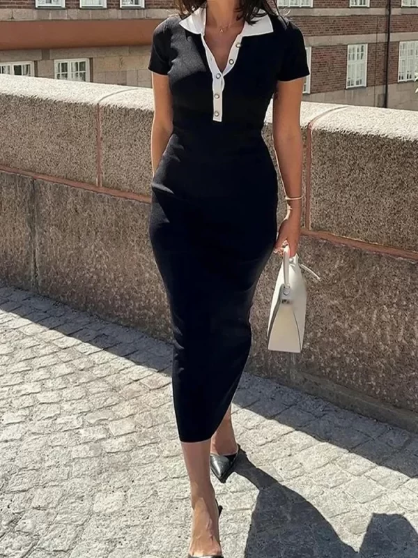 2024 New Fashion Dresses Elegant Sexy Single Slim Breasted Knitted Dresses Women High Street Solid O Neck Short Sleeve Dress - Image 31