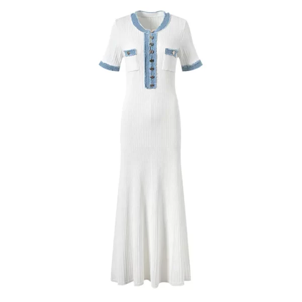 2024 New Fashion Dresses Elegant Sexy Single Slim Breasted Knitted Dresses Women High Street Solid O Neck Short Sleeve Dress - Image 13