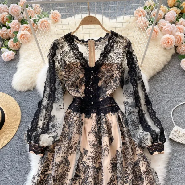 Women Vintage Black Party Dress Spring Autumn Lace Elegant Dresses Ladies Sexy V-neck Slim Mesh Sequin Embroidery Long Robe - Image 9
