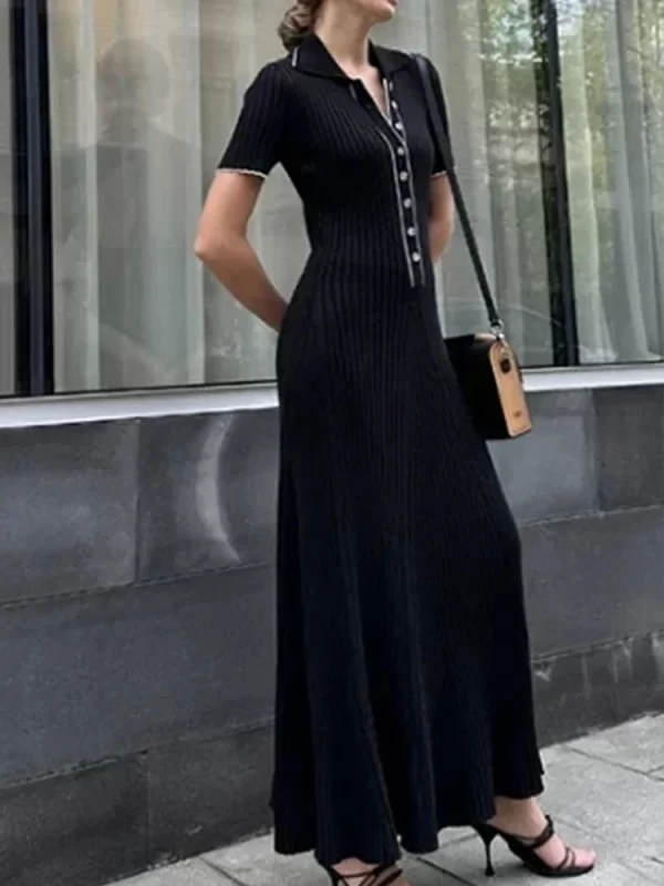 2024 New Fashion Dresses Elegant Sexy Single Slim Breasted Knitted Dresses Women High Street Solid O Neck Short Sleeve Dress - Image 33
