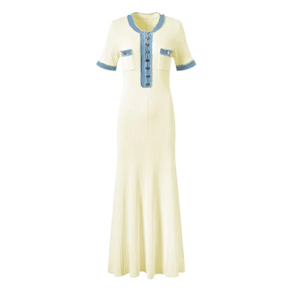 2024 New Fashion Dresses Elegant Sexy Single Slim Breasted Knitted Dresses Women High Street Solid O Neck Short Sleeve Dress - Image 8