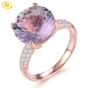 Natural Pink Amethyst Sterling Silver Rose Gold Plated Ring 6.5 Carats Firework Cutting Brilliant Romantic Design Wedding Ring