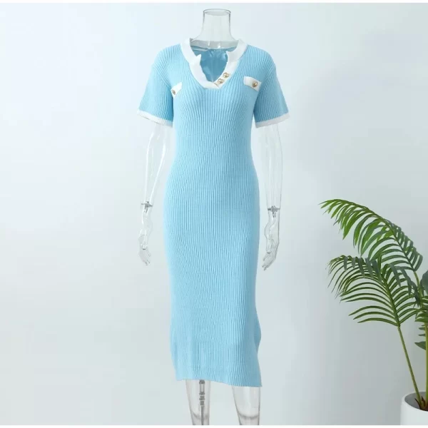 2024 New Fashion Dresses Elegant Sexy Single Slim Breasted Knitted Dresses Women High Street Solid O Neck Short Sleeve Dress - Image 16
