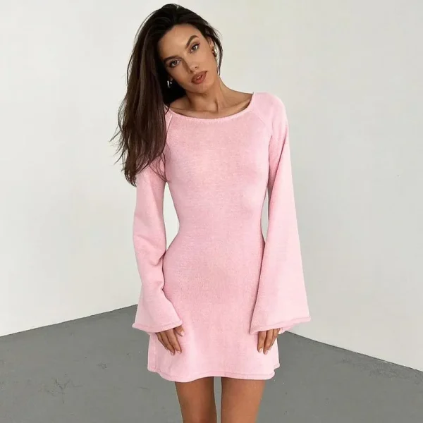 Autumn Knitted Women's High Street Open Back Lace up Long Sleeve Wrapped Mini Party Dress Beach Cocktail Street Dress