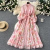 Autumn Holiday Pink Floral Dress Women's Stand Long Lantern Sleeve Belt Lace Up Flower Print Loose A Line Boho Maxi Vestidos - Image 8