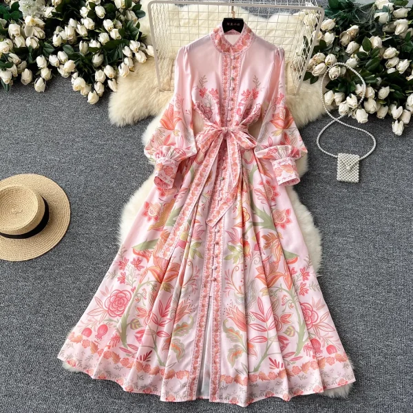Autumn Holiday Pink Floral Dress Women's Stand Long Lantern Sleeve Belt Lace Up Flower Print Loose A Line Boho Maxi Vestidos - Image 8
