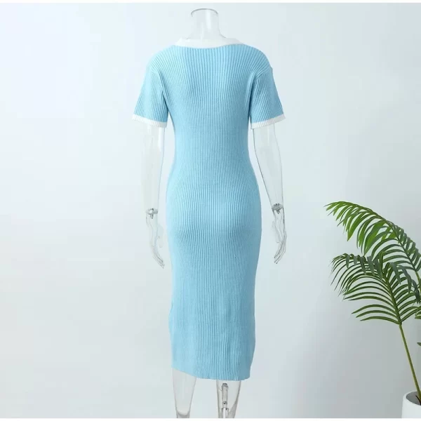 2024 New Fashion Dresses Elegant Sexy Single Slim Breasted Knitted Dresses Women High Street Solid O Neck Short Sleeve Dress - Image 17