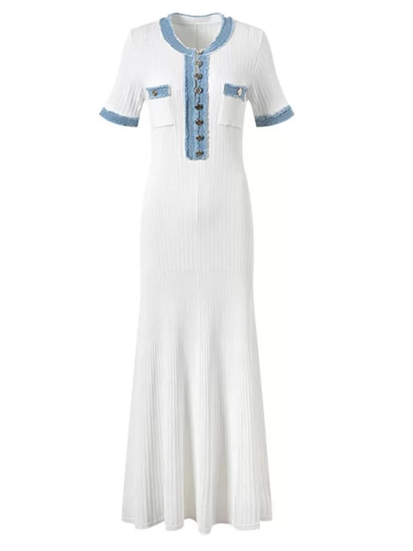 2024 New Fashion Dresses Elegant Sexy Single Slim Breasted Knitted Dresses Women High Street Solid O Neck Short Sleeve Dress - Image 2
