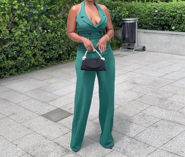 High Waist Jumpsuit Women's Clothing 2024 Summer New Hanging Neck Open Back Pocket Casual Sleeveless Y2k Jump Suits for Female - Image 2